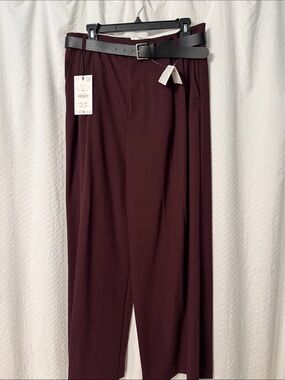 Zara Wide-Leg Pants in Deep Wine Burgundy with Black Belt Size Large